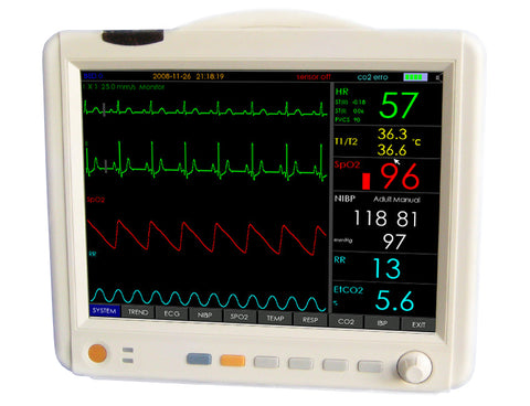 JR2000D Patient Monitor with NIBP/PR/SPO2/TEMP/RESP/ECG/ETC02 12" Screen